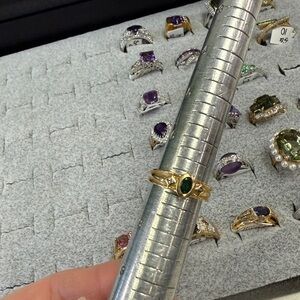 Yellow gold, emerald and diamond ring - size 7